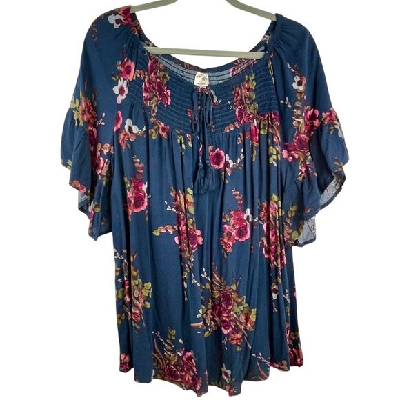 Terra & Sky Flutter Sleeve Blue Floral Blouse Sz 14W Smocked Neck Dark Romantic - Picture 1 of 15